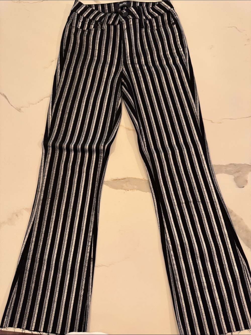 PAIGE Black & White Vertical-Stripe Flare Pants